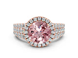Rose gold Round Cut Halo Pavé Diamond Engagement Ring with Split Shank and Four-Prong Setting