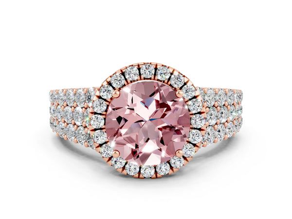 Rose gold Round Cut Halo Pavé Diamond Engagement Ring with Split Shank and Four-Prong Setting