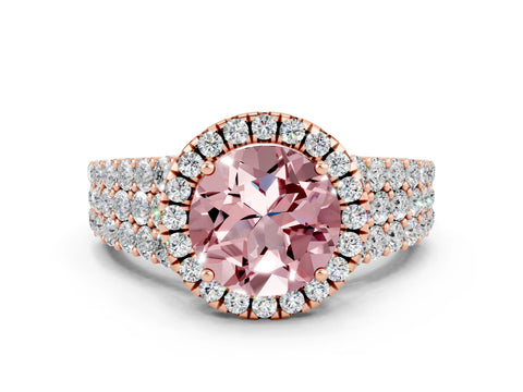 Rose gold Round Cut Halo Pavé Diamond Engagement Ring with Split Shank and Four-Prong Setting