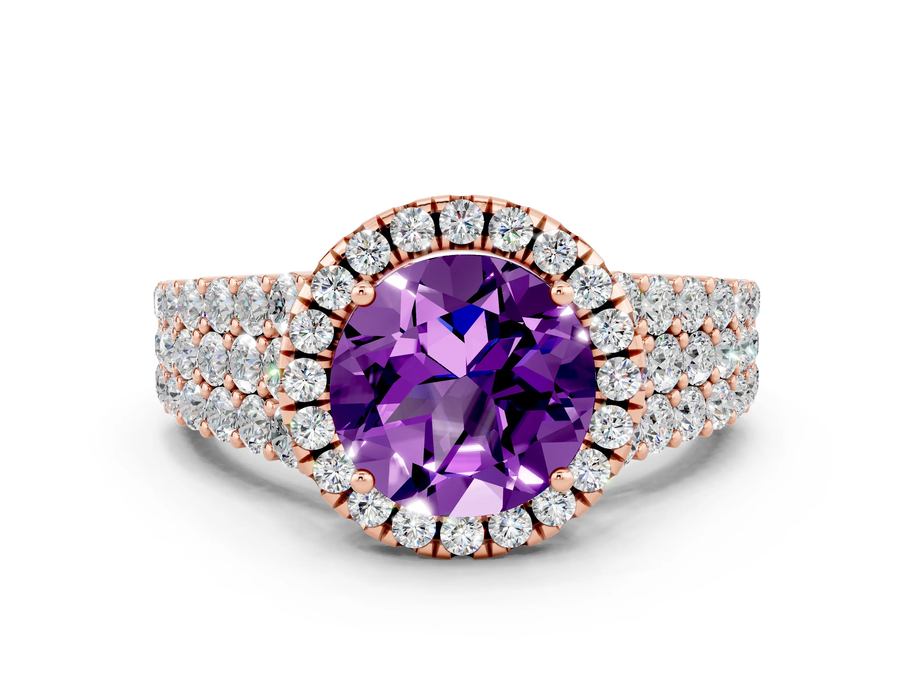 Rose gold Round Cut Halo Pavé Diamond Engagement Ring with Split Shank and Four-Prong Setting