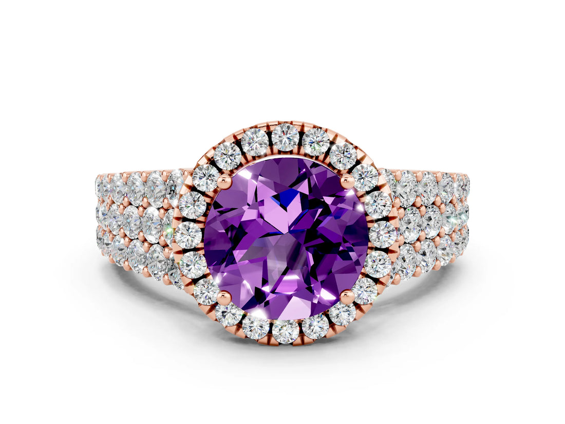 Rose gold Round Cut Halo Pavé Diamond Engagement Ring with Split Shank and Four-Prong Setting