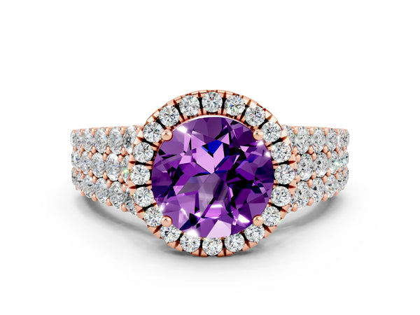 Rose gold Round Cut Amethyst Halo Engagement Ring with Triple Row Round Pavé Band and Prong Setting