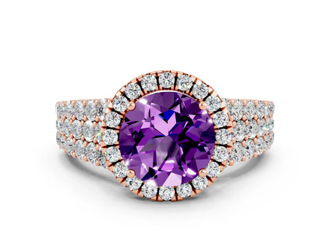Rose gold Round Cut Halo Pavé Diamond Engagement Ring with Split Shank and Four-Prong Setting