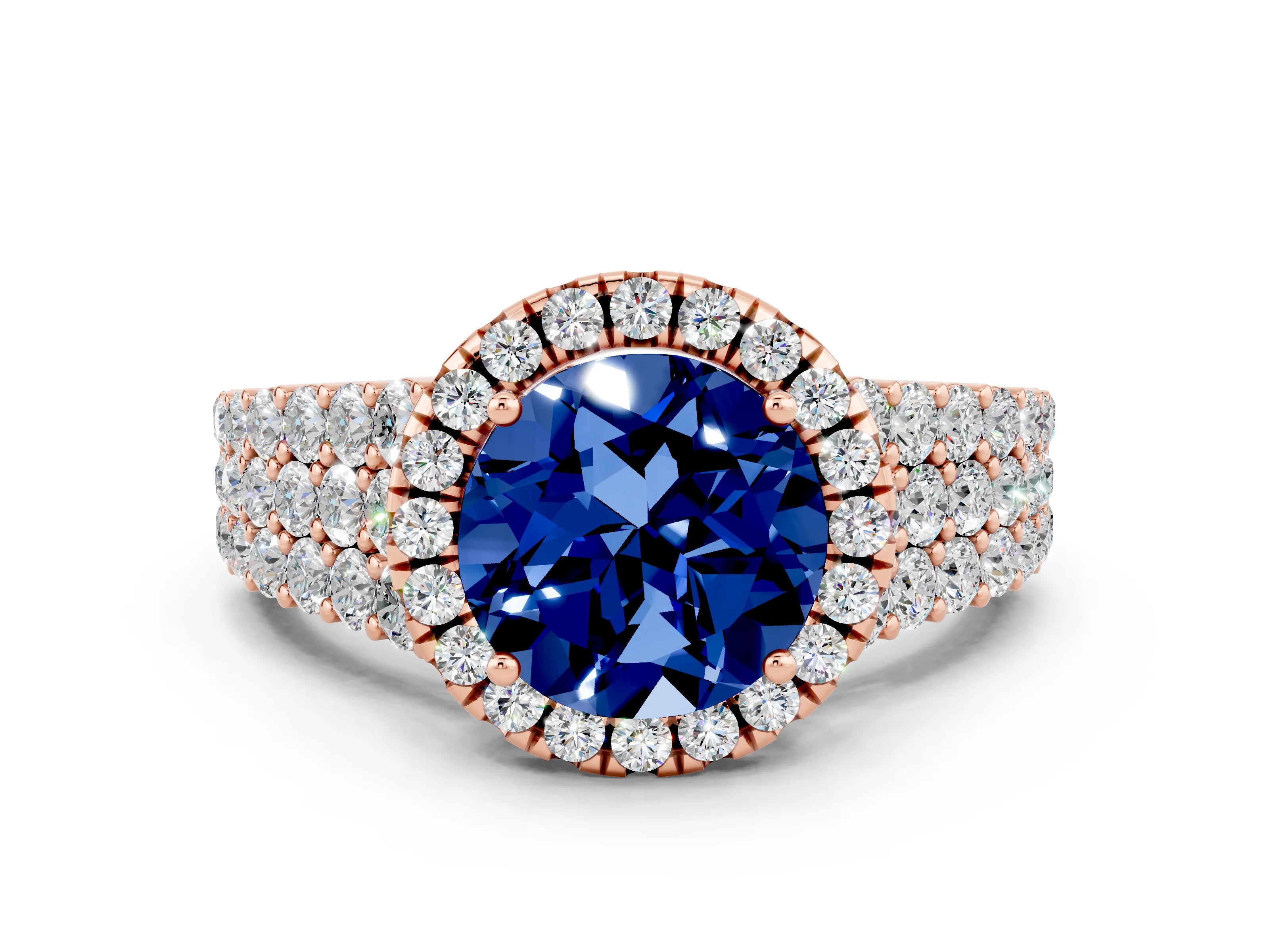 Rose gold Round Cut Halo Pavé Diamond Engagement Ring with Split Shank and Four-Prong Setting