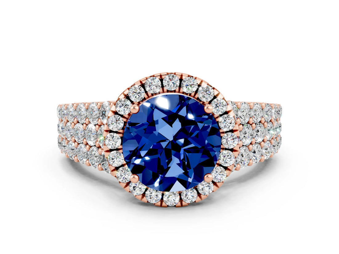 Rose gold Round Cut Halo Pavé Diamond Engagement Ring with Split Shank and Four-Prong Setting