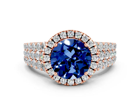 Rose gold Round Cut Halo Pavé Diamond Engagement Ring with Split Shank and Four-Prong Setting