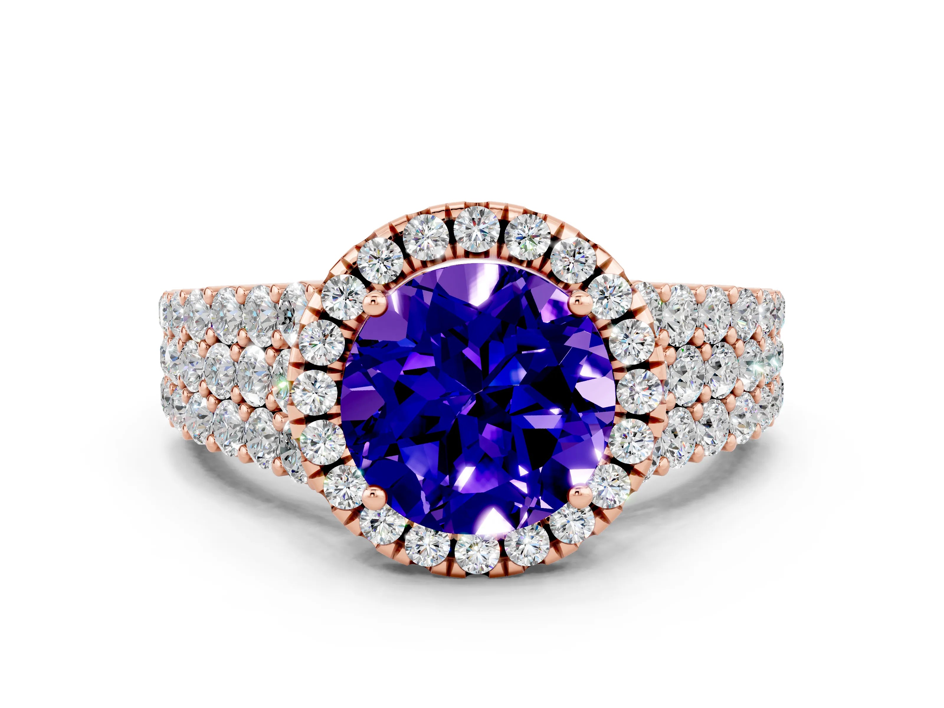 Rose gold Round Cut Halo Pavé Diamond Engagement Ring with Split Shank and Four-Prong Setting