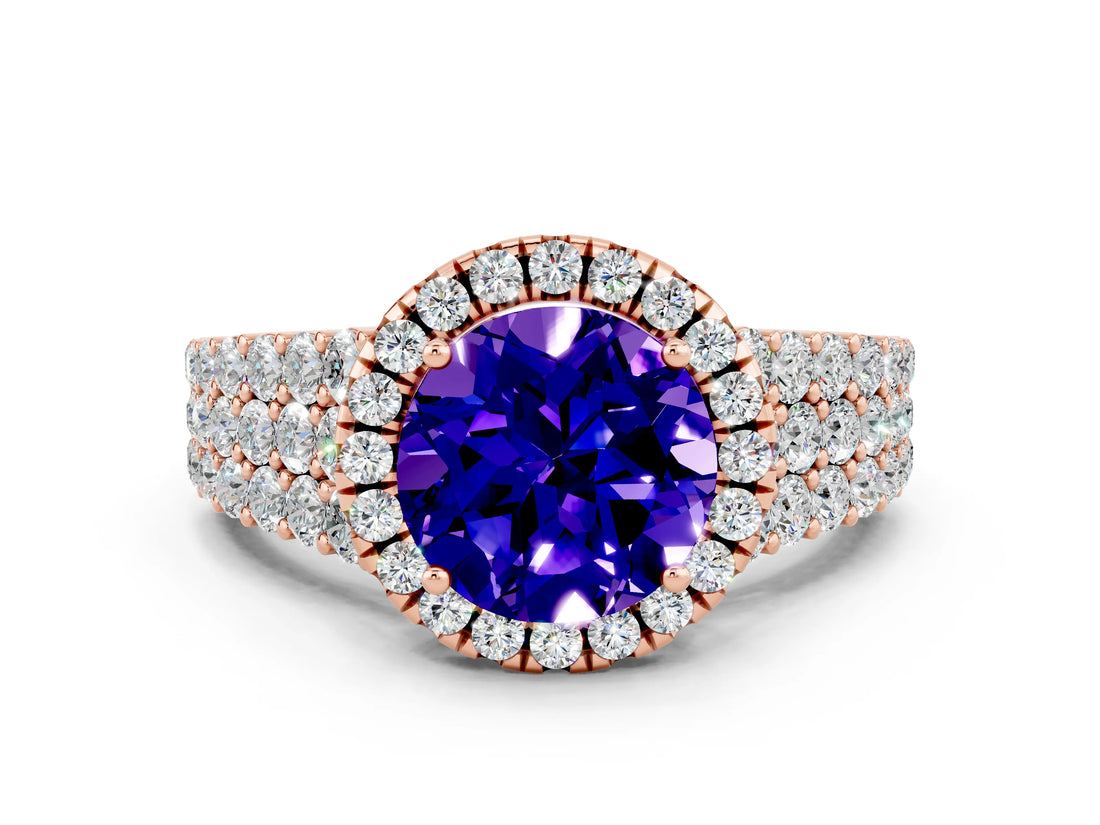 Rose gold Round Cut Halo Pavé Diamond Engagement Ring with Split Shank and Four-Prong Setting