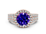 Rose gold Round Cut Halo Pavé Diamond Engagement Ring with Split Shank and Four-Prong Setting
