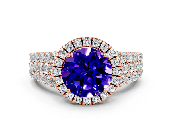 Rose gold Round Cut Tanzanite Halo Engagement Ring with Triple Row Round Pavé Band and Prong Setting