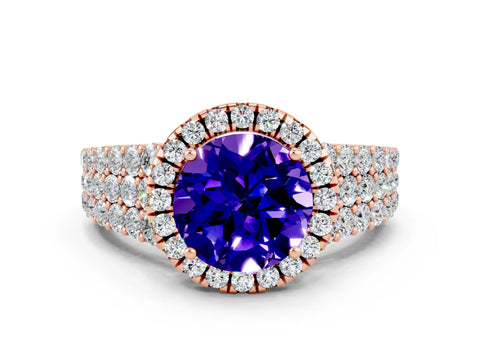 Rose gold Round Cut Halo Pavé Diamond Engagement Ring with Split Shank and Four-Prong Setting