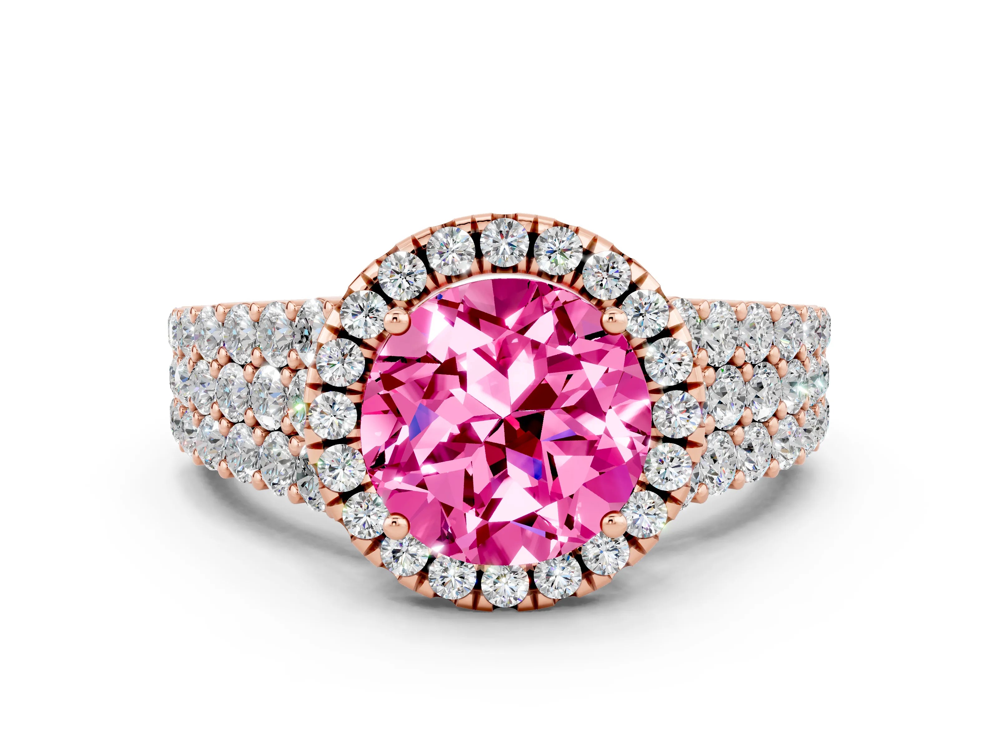 Rose gold Round Cut Halo Pavé Diamond Engagement Ring with Split Shank and Four-Prong Setting