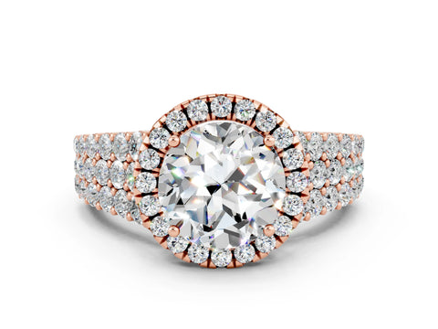 Rose gold Round Cut Halo Pavé Diamond Engagement Ring with Split Shank and Four-Prong Setting