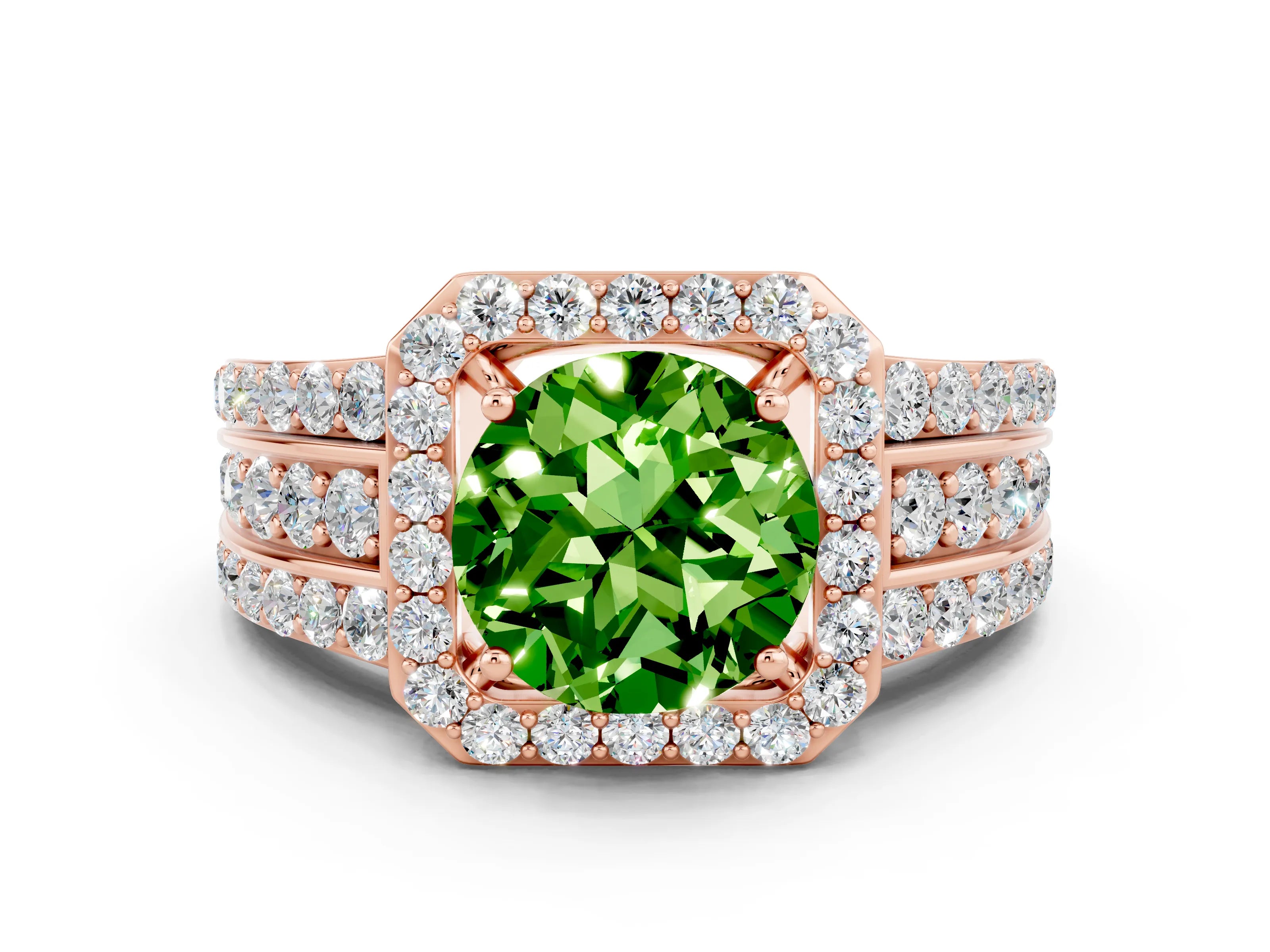 Rose gold Round Cut Halo Peridot Ring with Split Shank and Four-Prong Setting