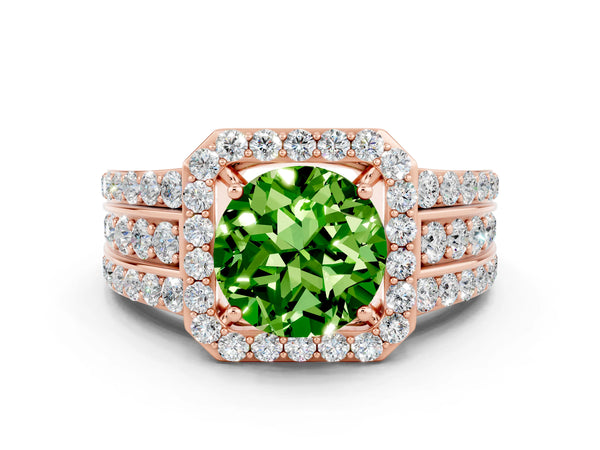 Rose gold Round Cut Halo Peridot Ring with Round  Split Shank and Prong Setting