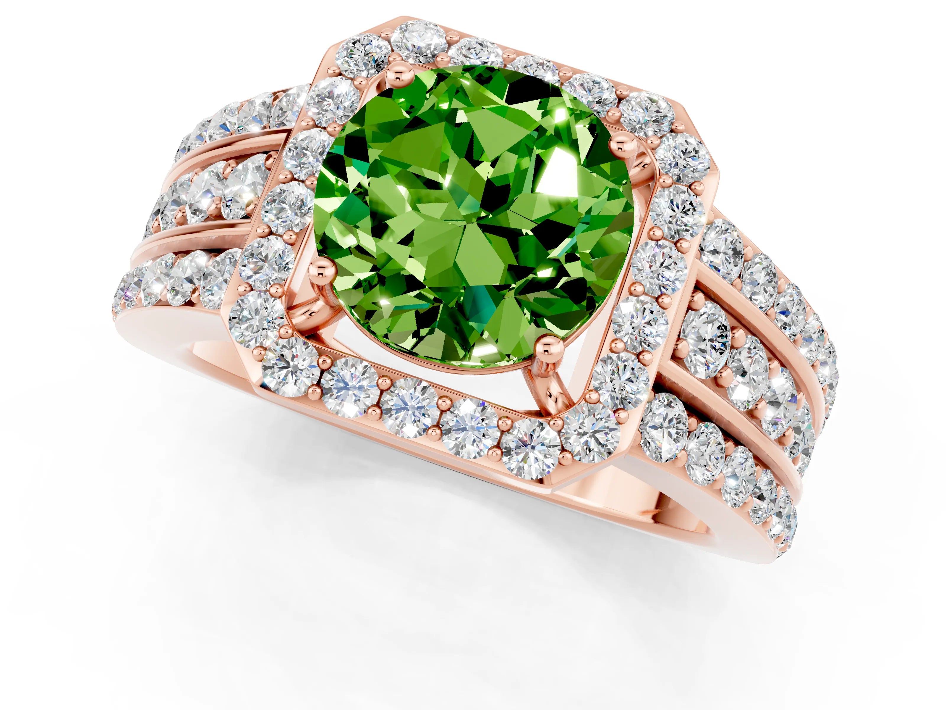 Rose gold Round Cut Halo Peridot Ring with Split Shank and Four-Prong Setting_1
