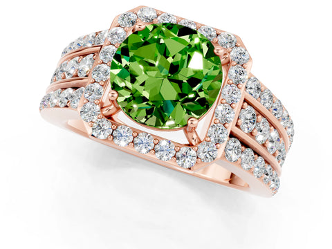 Rose gold Round Cut Halo Peridot Ring with Split Shank and Four-Prong Setting_1