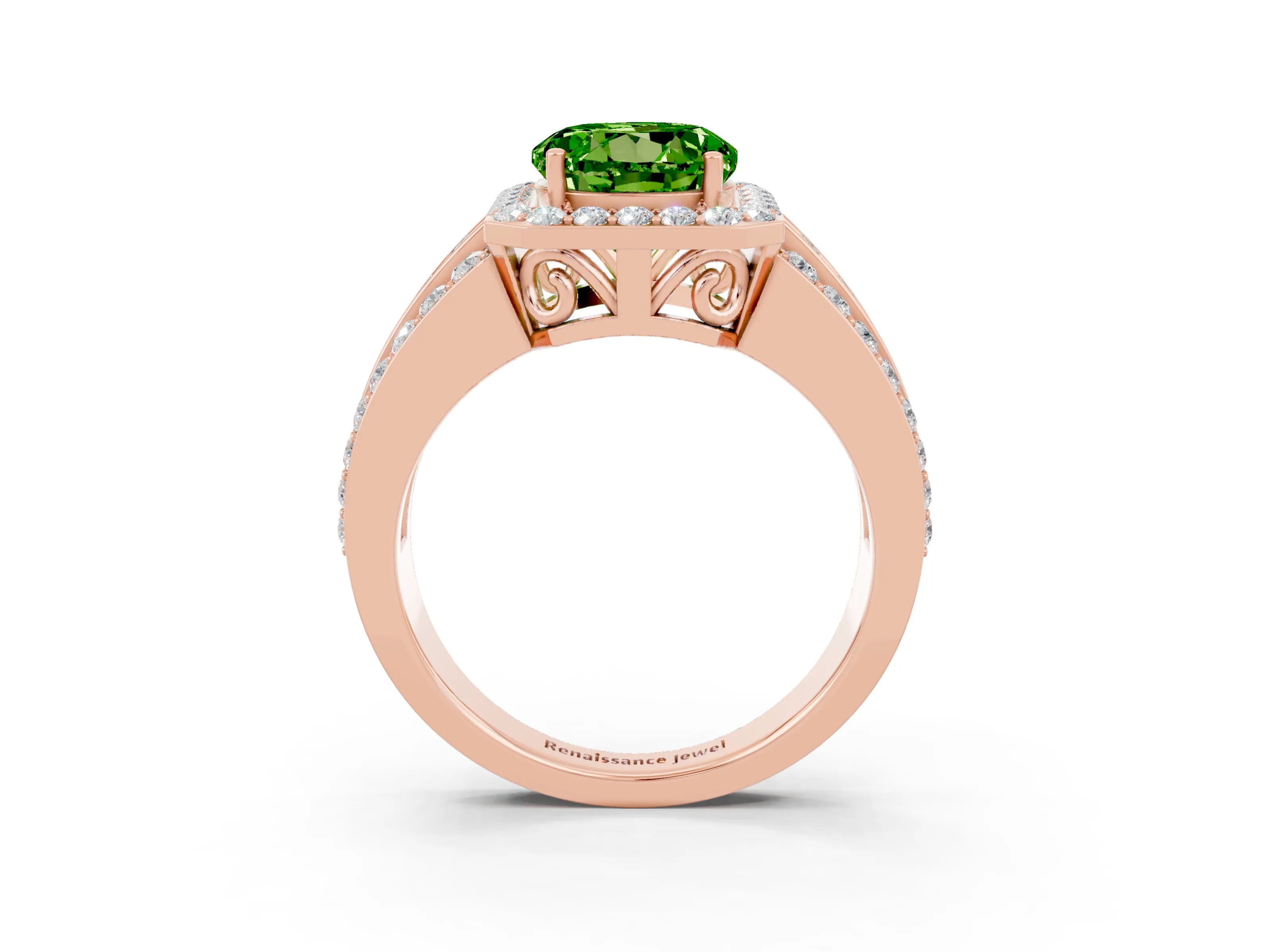 Rose gold Round Cut Halo Peridot Ring with Split Shank and Four-Prong Setting_3