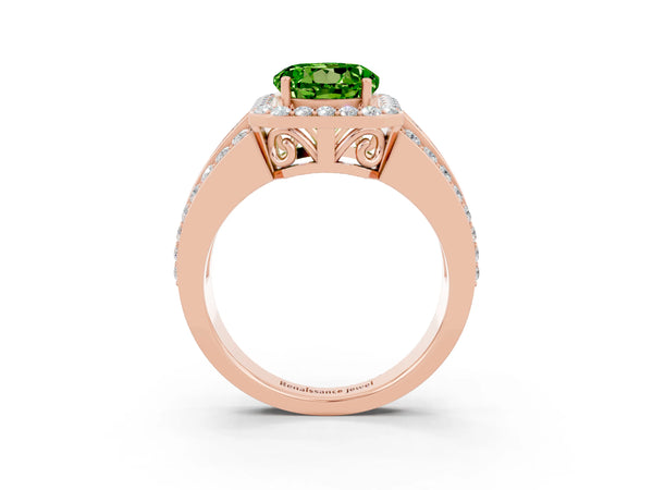 Rose gold Round Cut Halo Peridot Ring with Round  Split Shank and Prong Setting