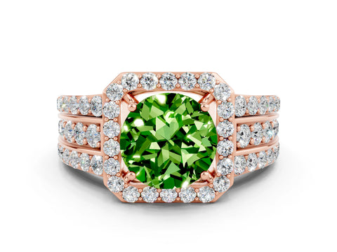 Rose gold Round Cut Halo Peridot Ring with Split Shank and Four-Prong Setting