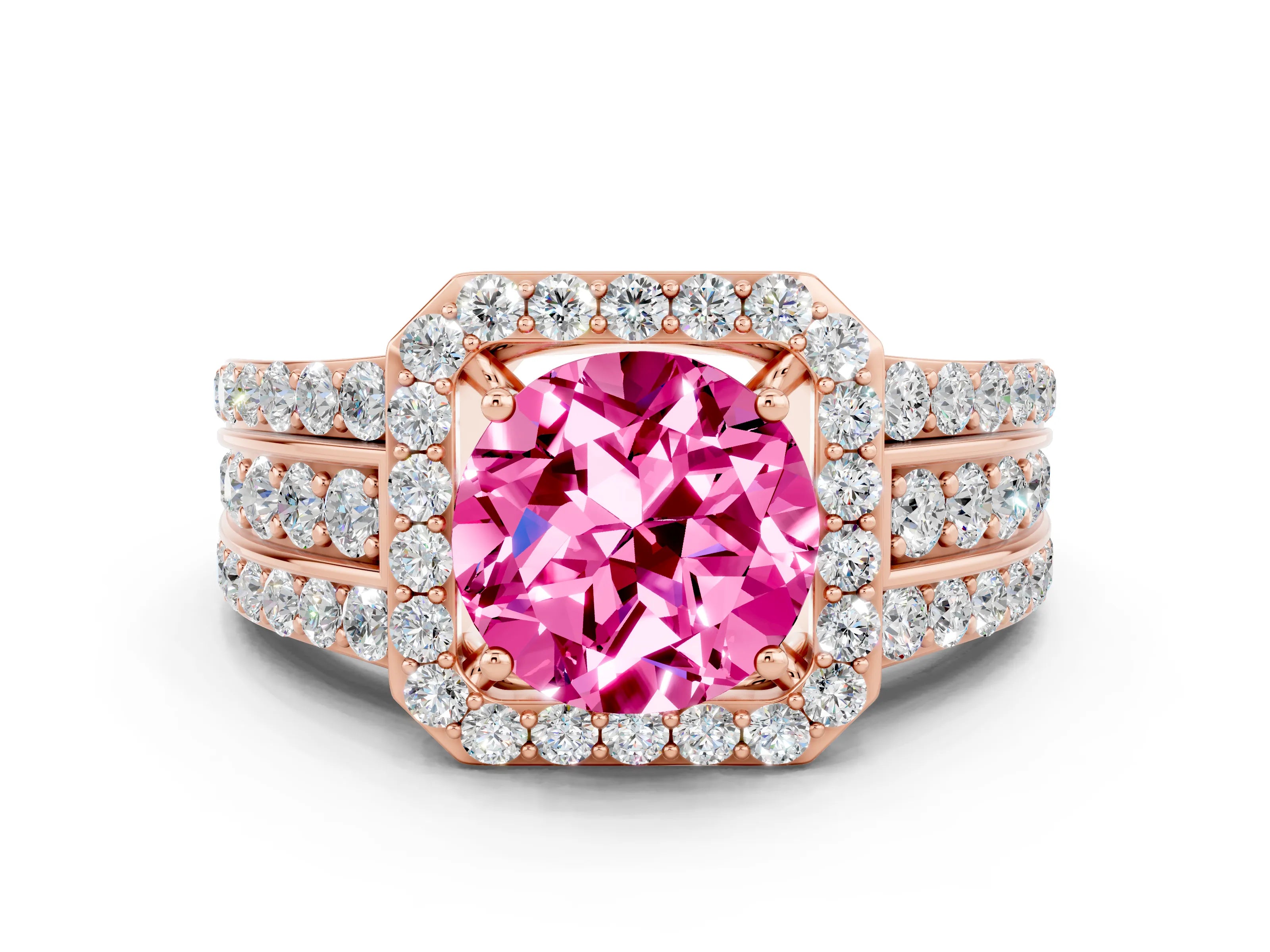 Rose gold Round Cut Halo Pink Sapphire Ring with Split Shank and Four-Prong Setting_24