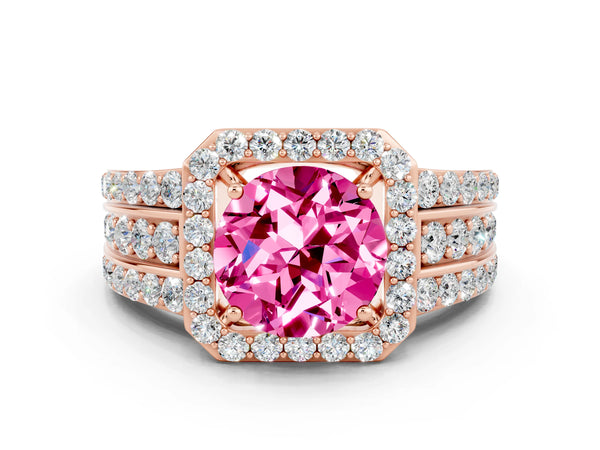 Rose gold Round Cut Halo Pink Sapphire Ring with Round  Split Shank and Prong Setting