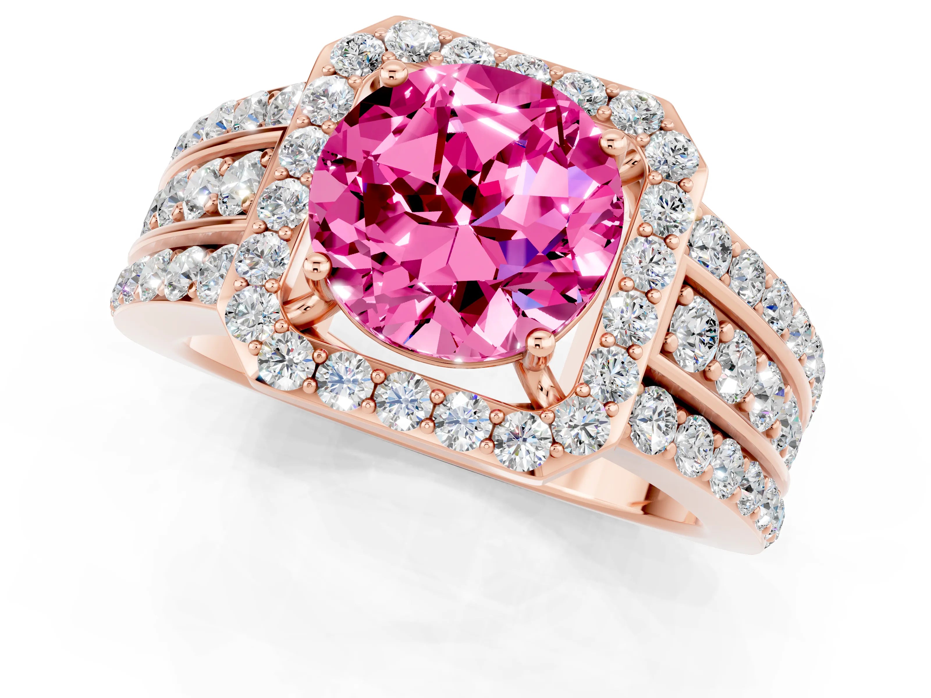 Rose gold Round Cut Halo Pink Sapphire Ring with Split Shank and Four-Prong Setting_25