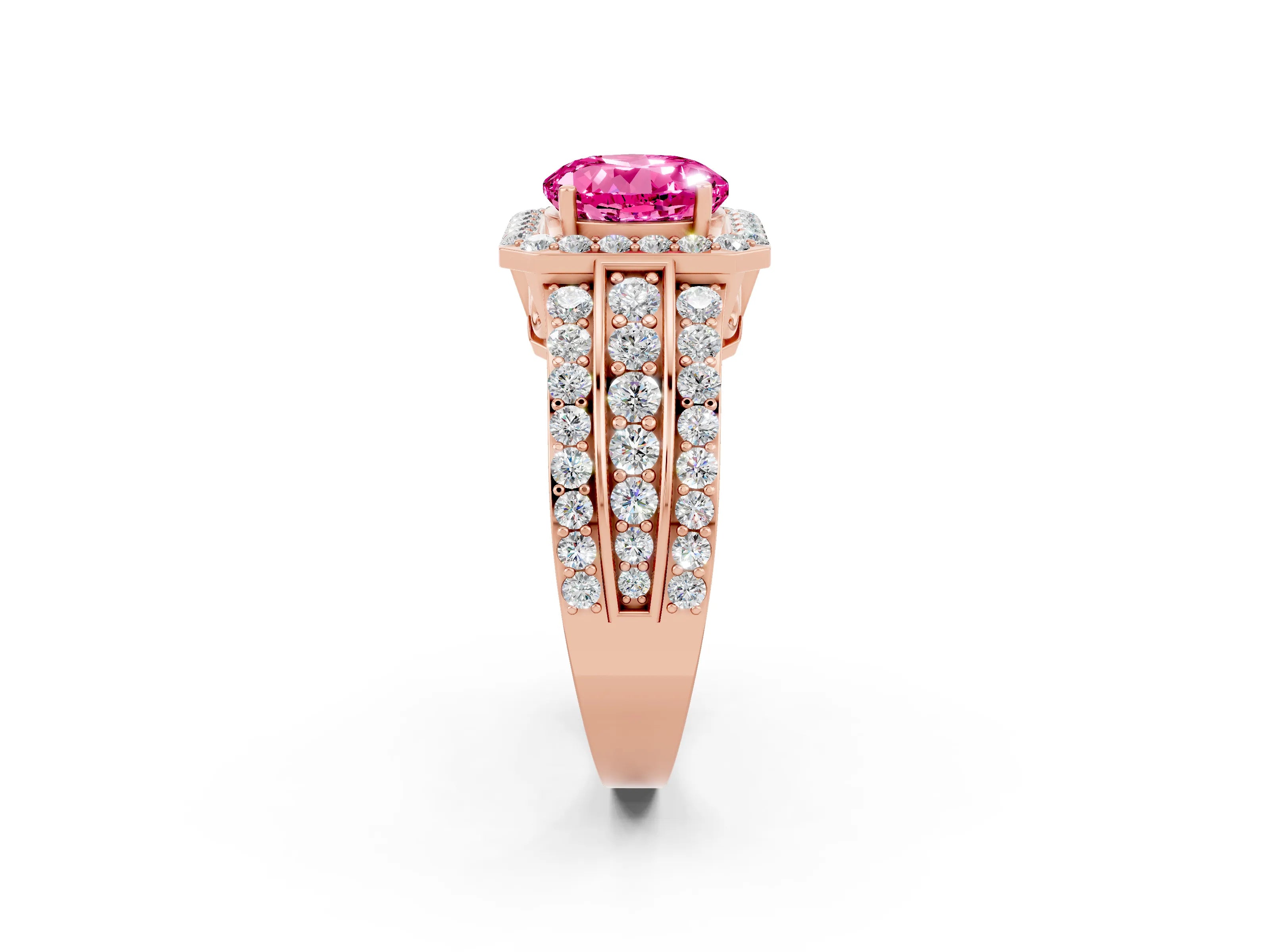 Rose gold Round Cut Halo Pink Sapphire Ring with Split Shank and Four-Prong Setting_26