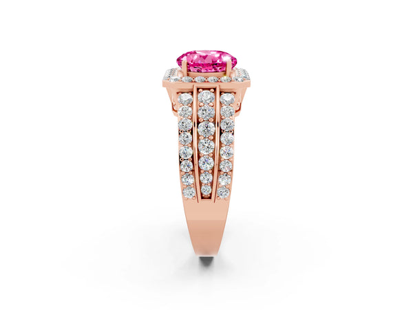 Rose gold Round Cut Halo Pink Sapphire Ring with Round  Split Shank and Prong Setting