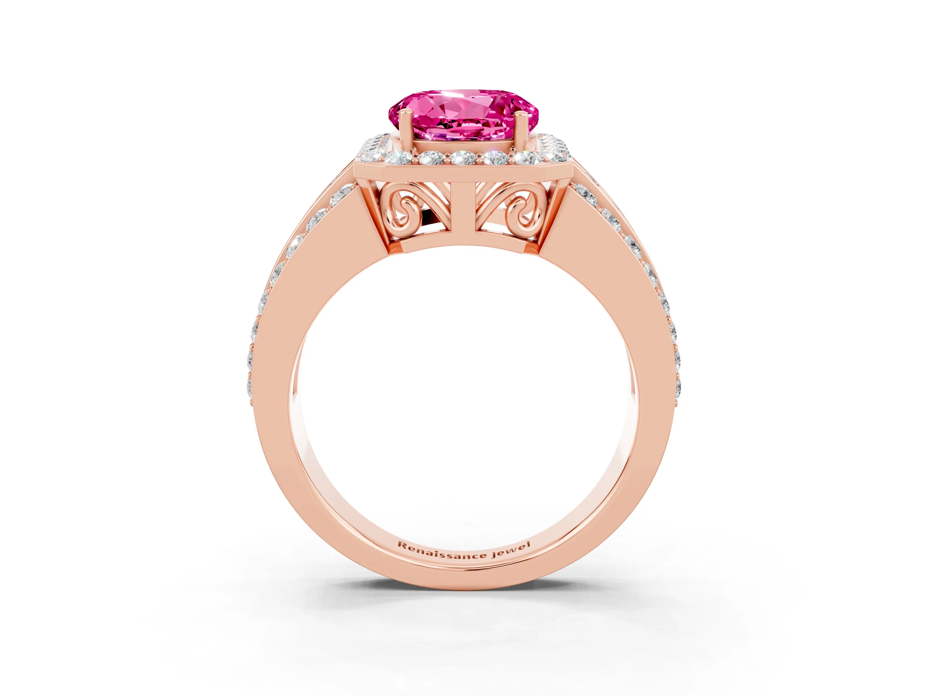 Rose gold Round Cut Halo Pink Sapphire Ring with Split Shank and Four-Prong Setting_27