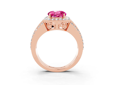 Rose gold Round Cut Halo Pink Sapphire Ring with Split Shank and Four-Prong Setting_27