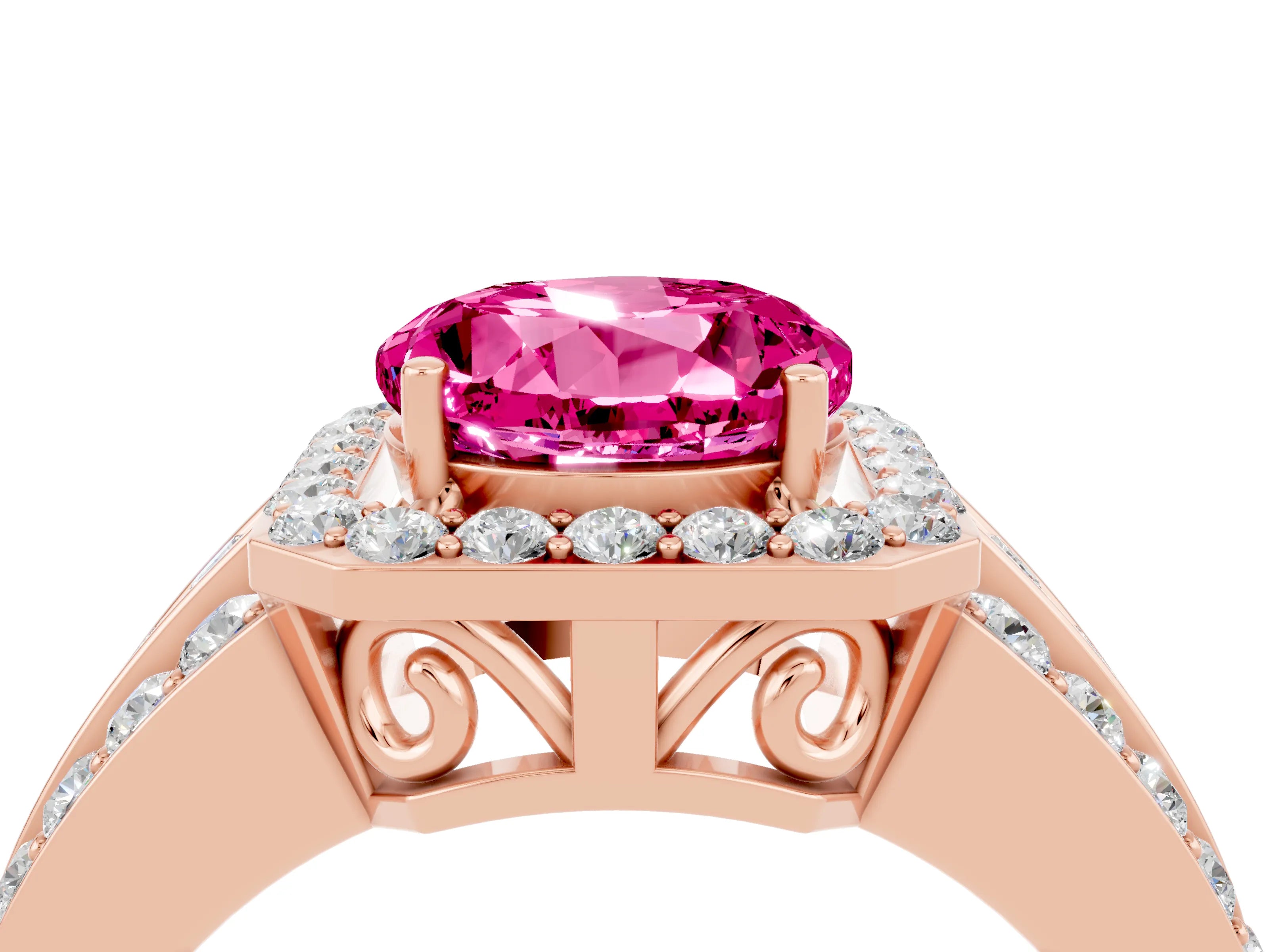 Rose gold Round Cut Halo Pink Sapphire Ring with Split Shank and Four-Prong Setting_28