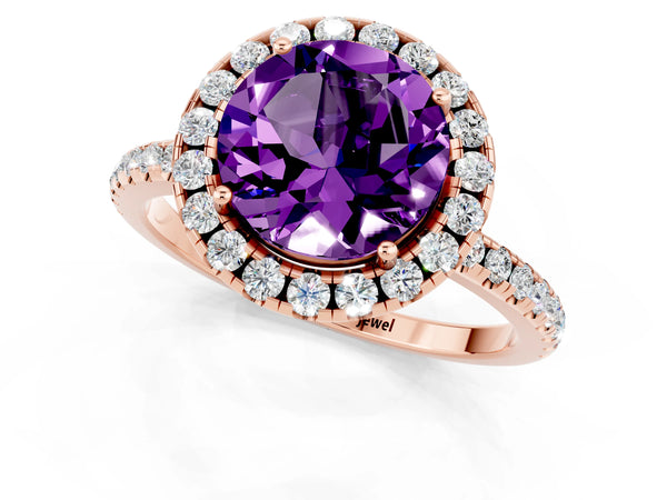 Rose gold Round Cut Amethyst Halo Ring with Round Pavé Band and Prong Setting