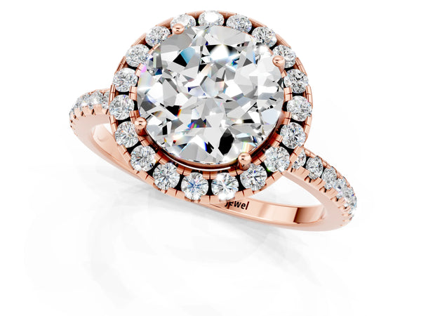Rose gold Round Cut Moissanite Halo Ring with Round Pavé Band and Prong Setting