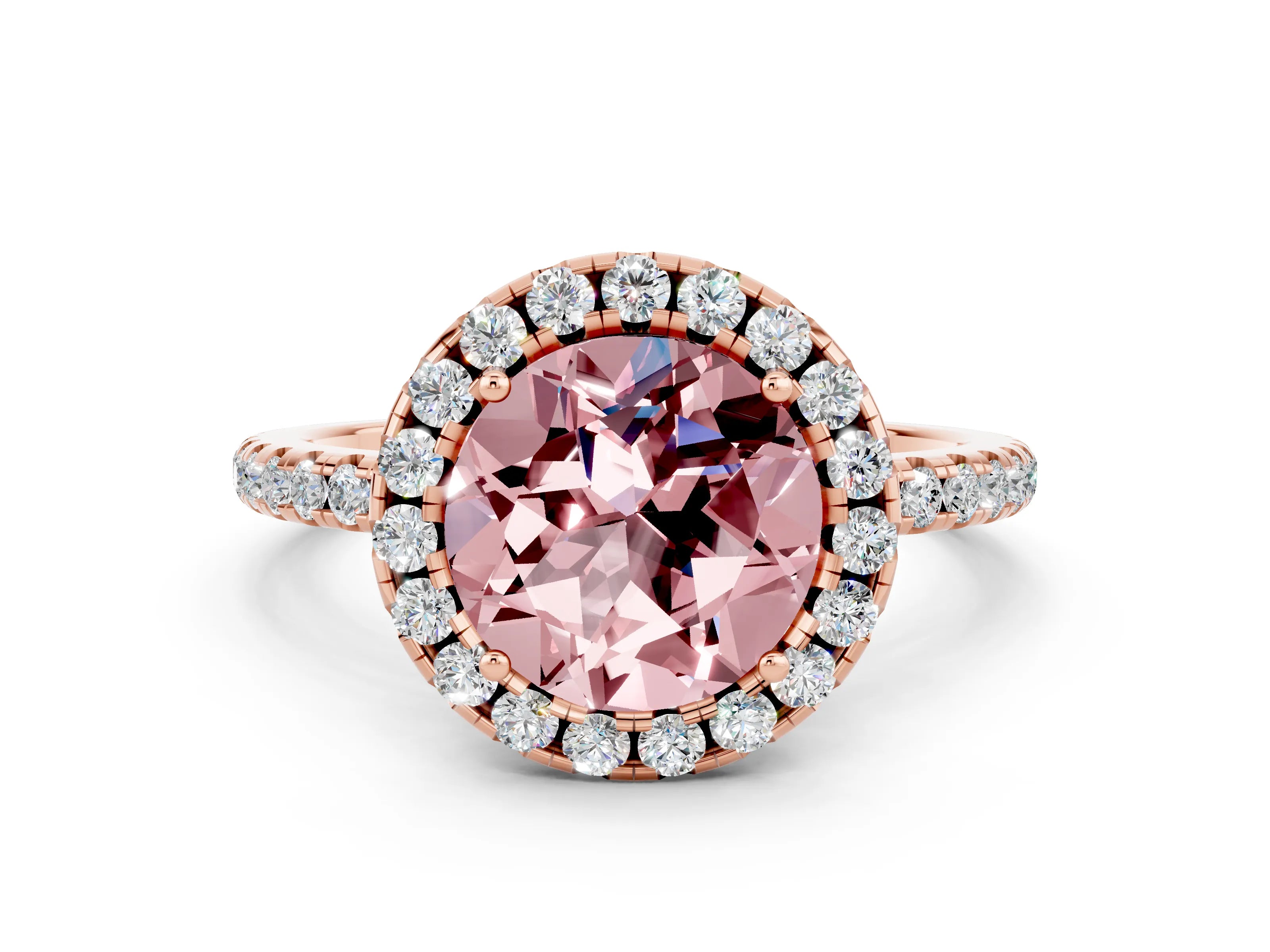 Rose gold Round Cut Halo Round Diamond Pavé Band Four-Prong Ring