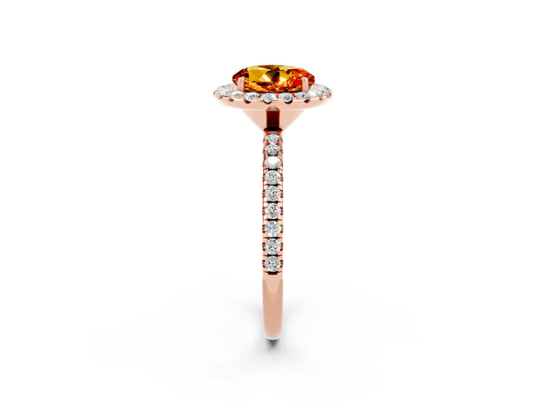 Rose gold Round Cut Citrine Halo Ring with Round Pavé Band and Prong Setting