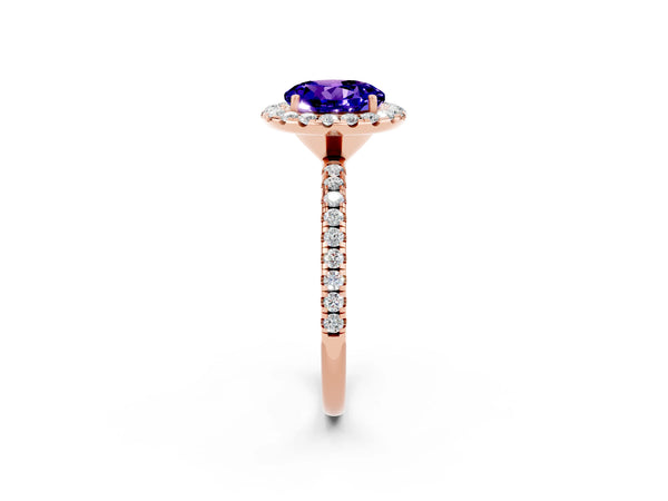 Rose gold Round Cut Tanzanite Halo Ring with Round Pavé Band and Prong Setting