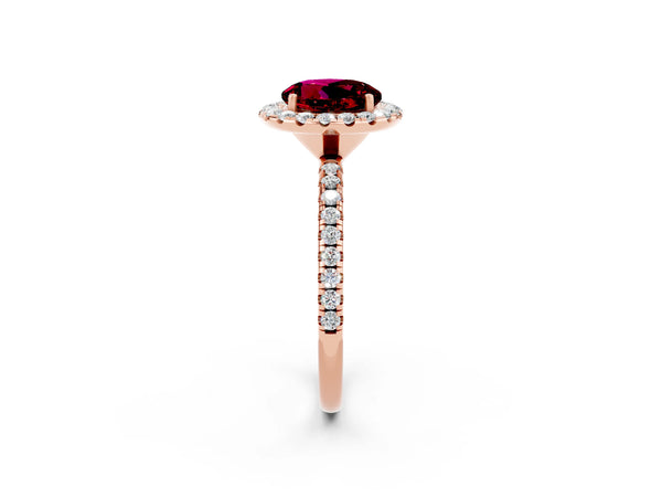 Rose gold Round Cut Garnet Halo Ring with Round Pavé Band and Prong Setting