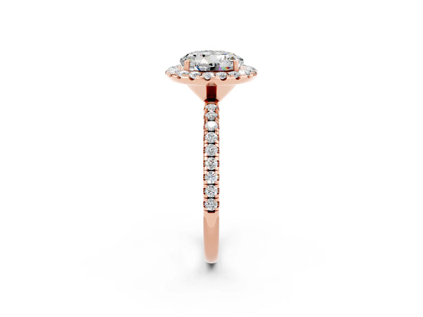 Rose gold Round Cut Moissanite Halo Ring with Round Pavé Band and Prong Setting