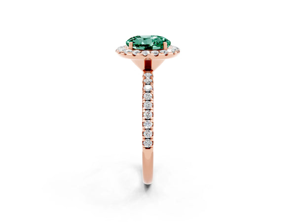 Rose gold Round Cut Green Sapphire Halo Ring with Round Pavé Band and Prong Setting