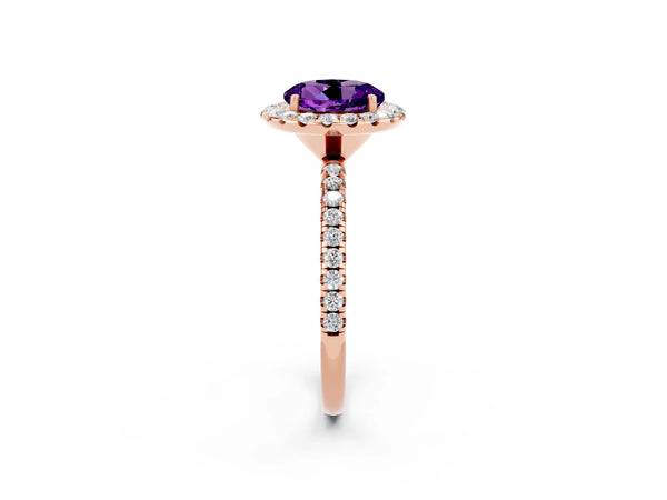 Rose gold Round Cut Amethyst Halo Ring with Round Pavé Band and Prong Setting