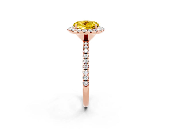 Rose gold Round Cut Yellow Sapphire Halo Ring with Round Pavé Band and Prong Setting