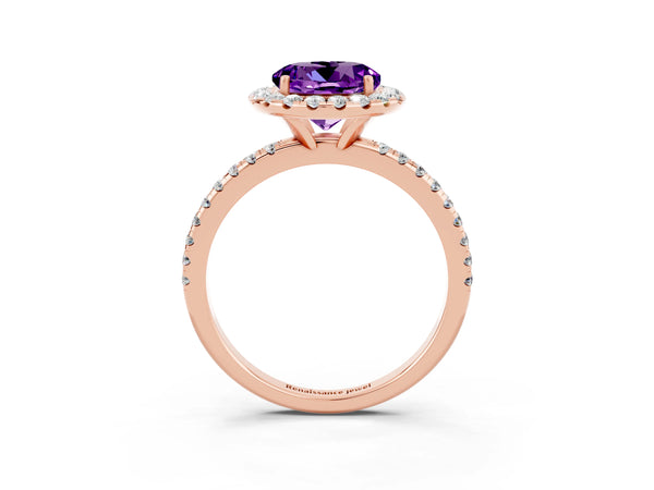 Rose gold Round Cut Amethyst Halo Ring with Round Pavé Band and Prong Setting