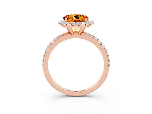 Rose gold Round Cut Citrine Halo Ring with Round Pavé Band and Prong Setting