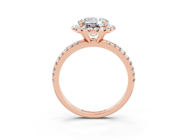Rose gold Round Cut Moissanite Halo Ring with Round Pavé Band and Prong Setting