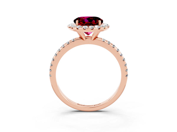 Rose gold Round Cut Garnet Halo Ring with Round Pavé Band and Prong Setting