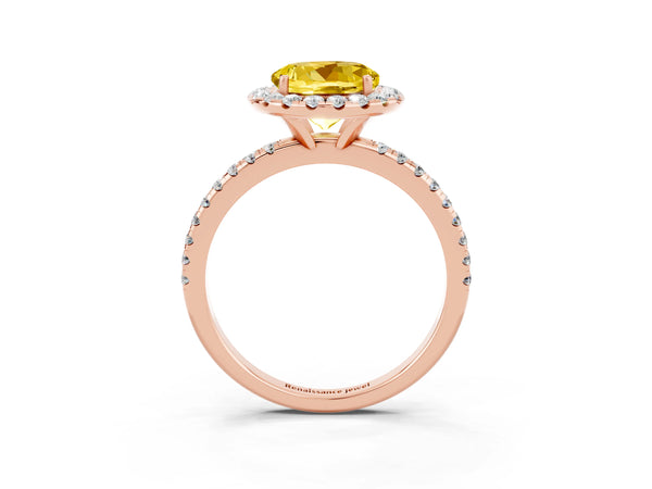 Rose gold Round Cut Yellow Sapphire Halo Ring with Round Pavé Band and Prong Setting