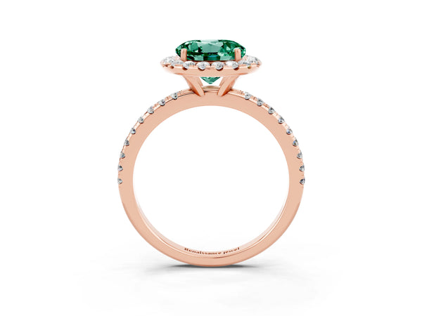 Rose gold Round Cut Green Sapphire Halo Ring with Round Pavé Band and Prong Setting