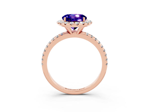 Rose gold Round Cut Tanzanite Halo Ring with Round Pavé Band and Prong Setting