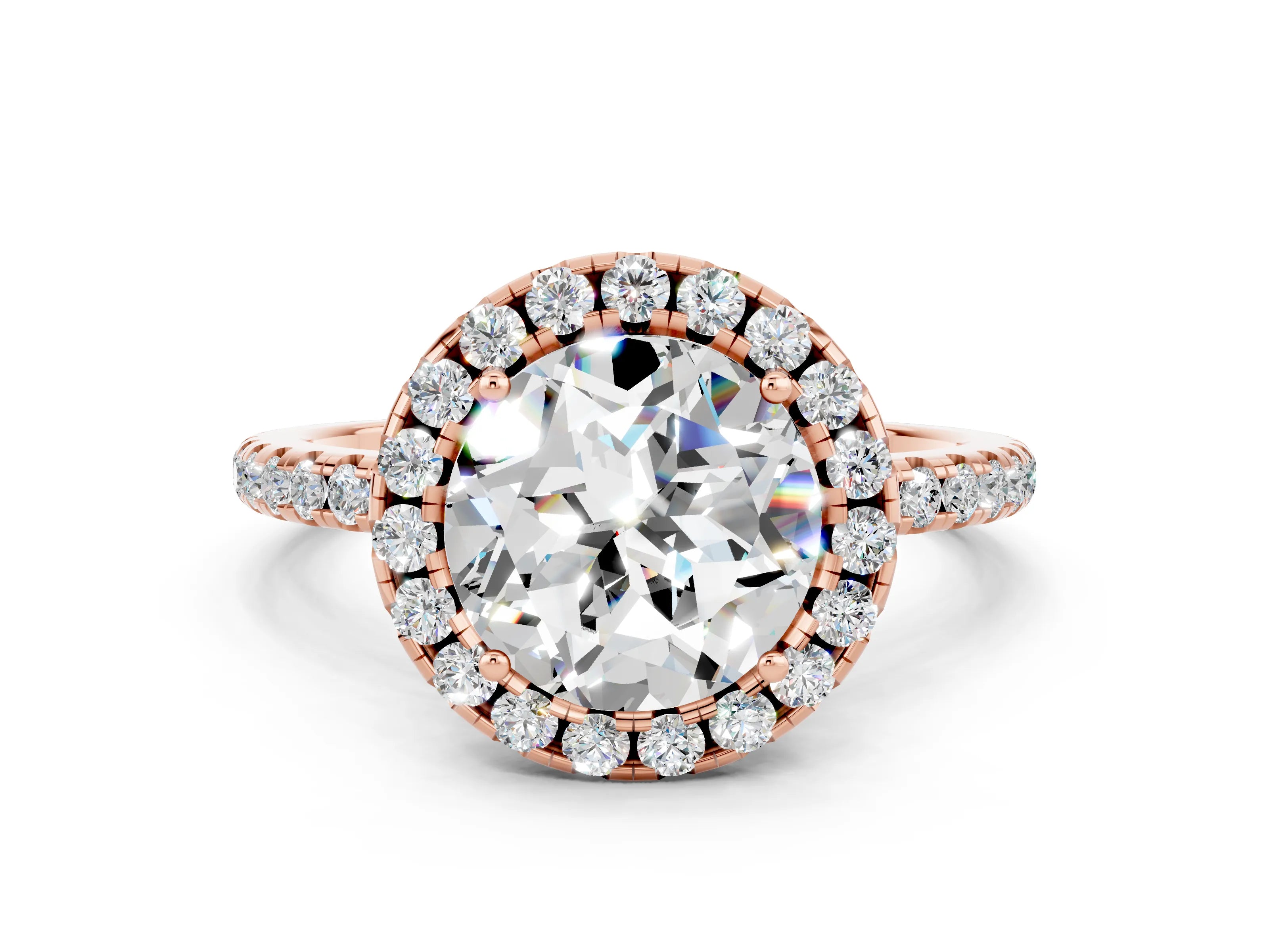 Rose gold Round Cut Halo Round Diamond Pavé Band Four-Prong Ring